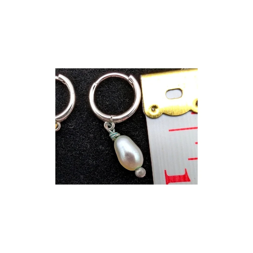 Sterling Silver Freshwater Pearl Huggie Hoop Earrings Teardrop Drop 925 Silver